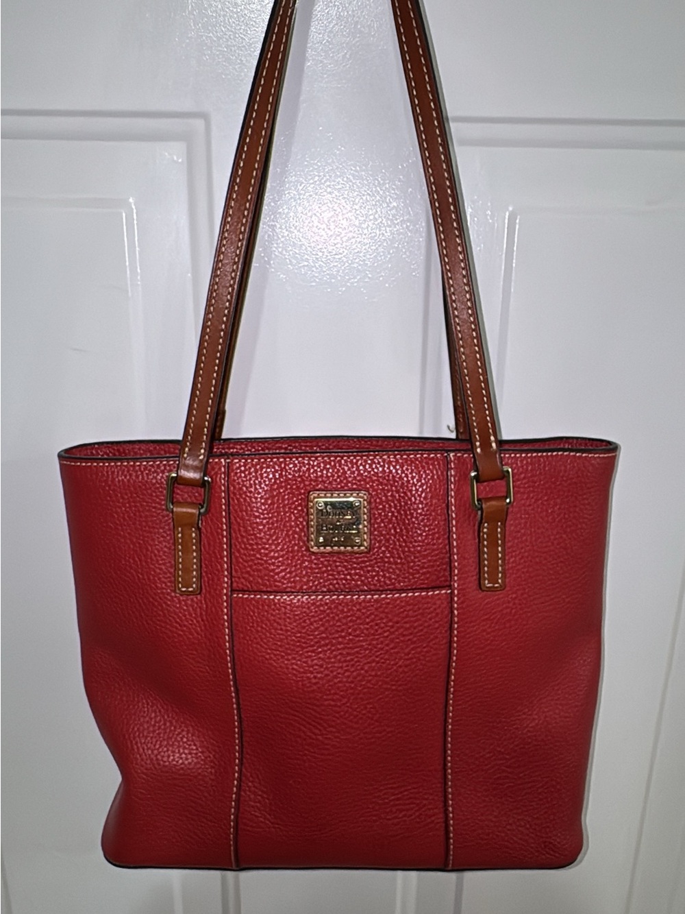 Dooney & Bourke Red Pebbled Leather Tote with Brown Straps